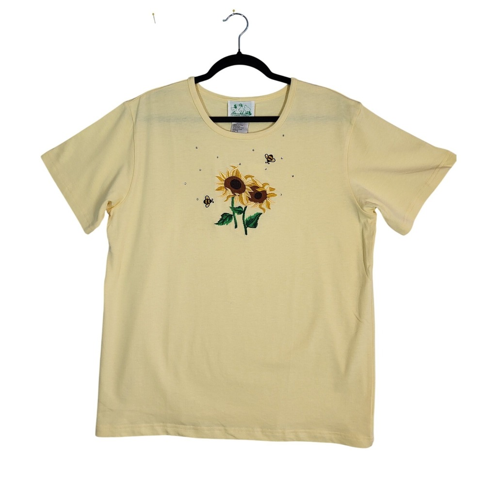 Quacker Factory Sunflower T-Shirt L 14/16 Yellow Bees Embroidered Rhinestone NEW